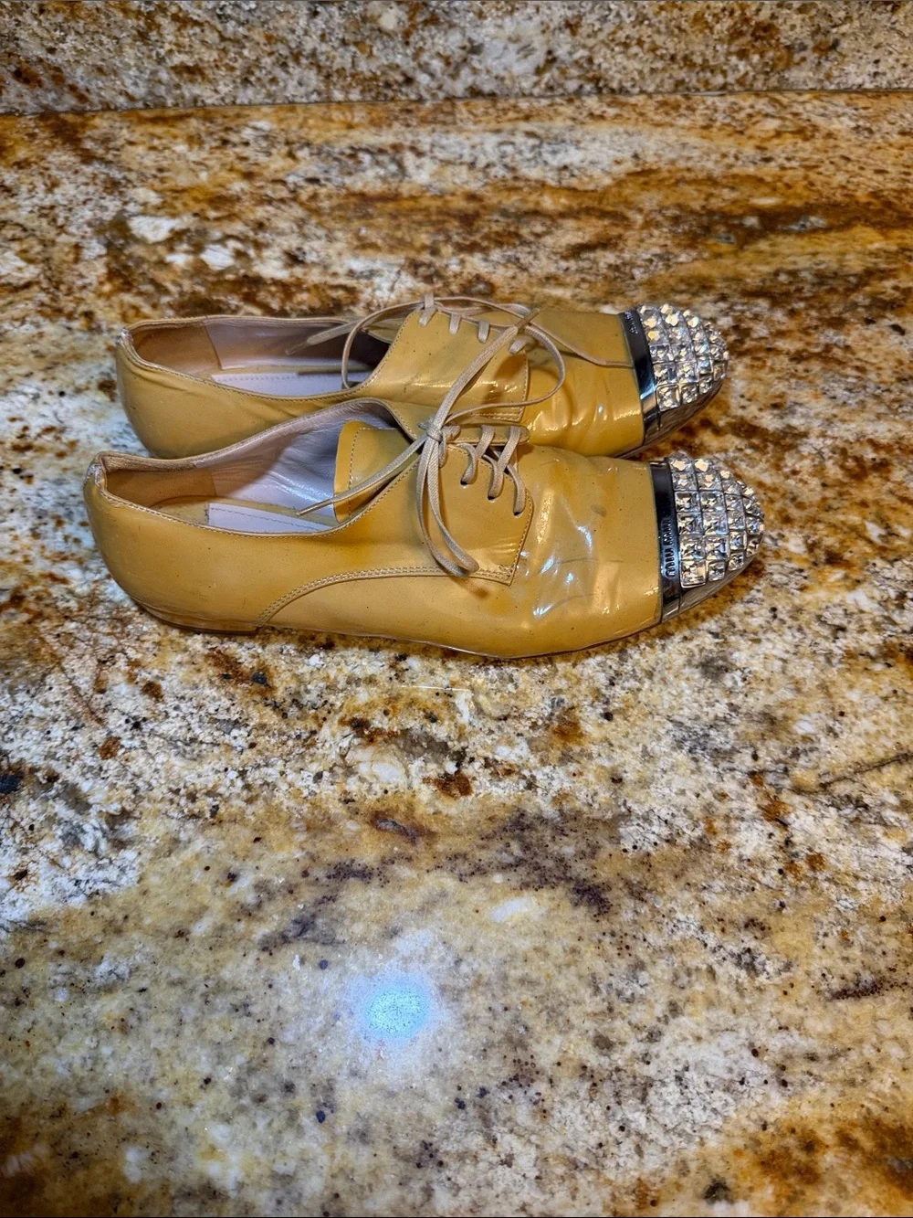Miu Miu Yellow Girls Lace-Up Shoes with Rhinestone Cap Toes